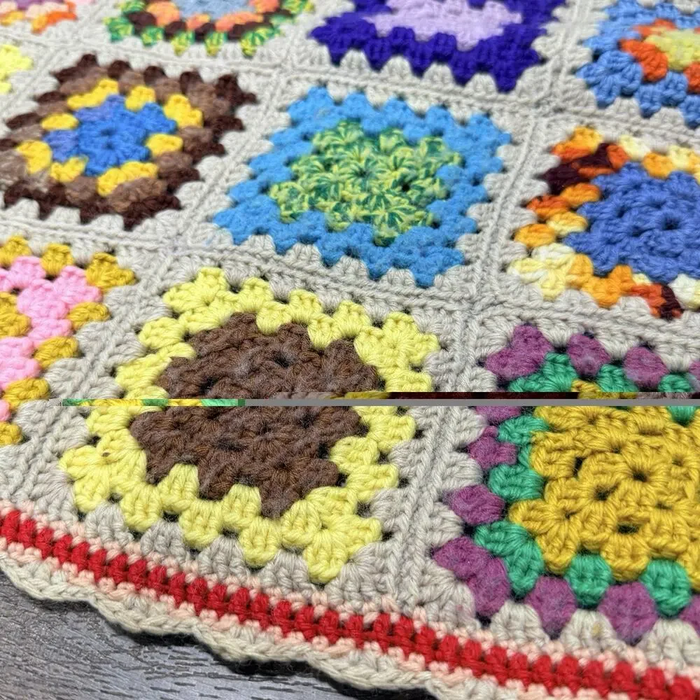 Vtg Granny Square Colorful Crochet Afghan Throw Tan Beige Handmade 50x60 Rosanne